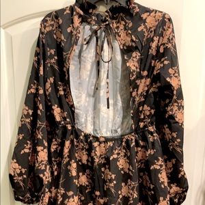 Backless gold and black floral mini dress